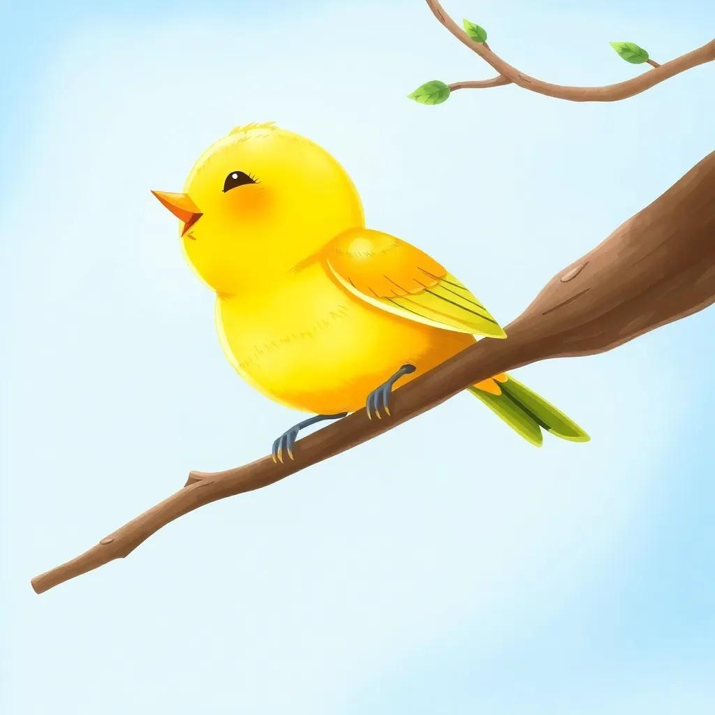 A small yellow bird singing beautifully on a tree branch, with delicate feathers and sparkling eyes, against a clear blue sky, enchanting scene, detailed artwork, bright colors