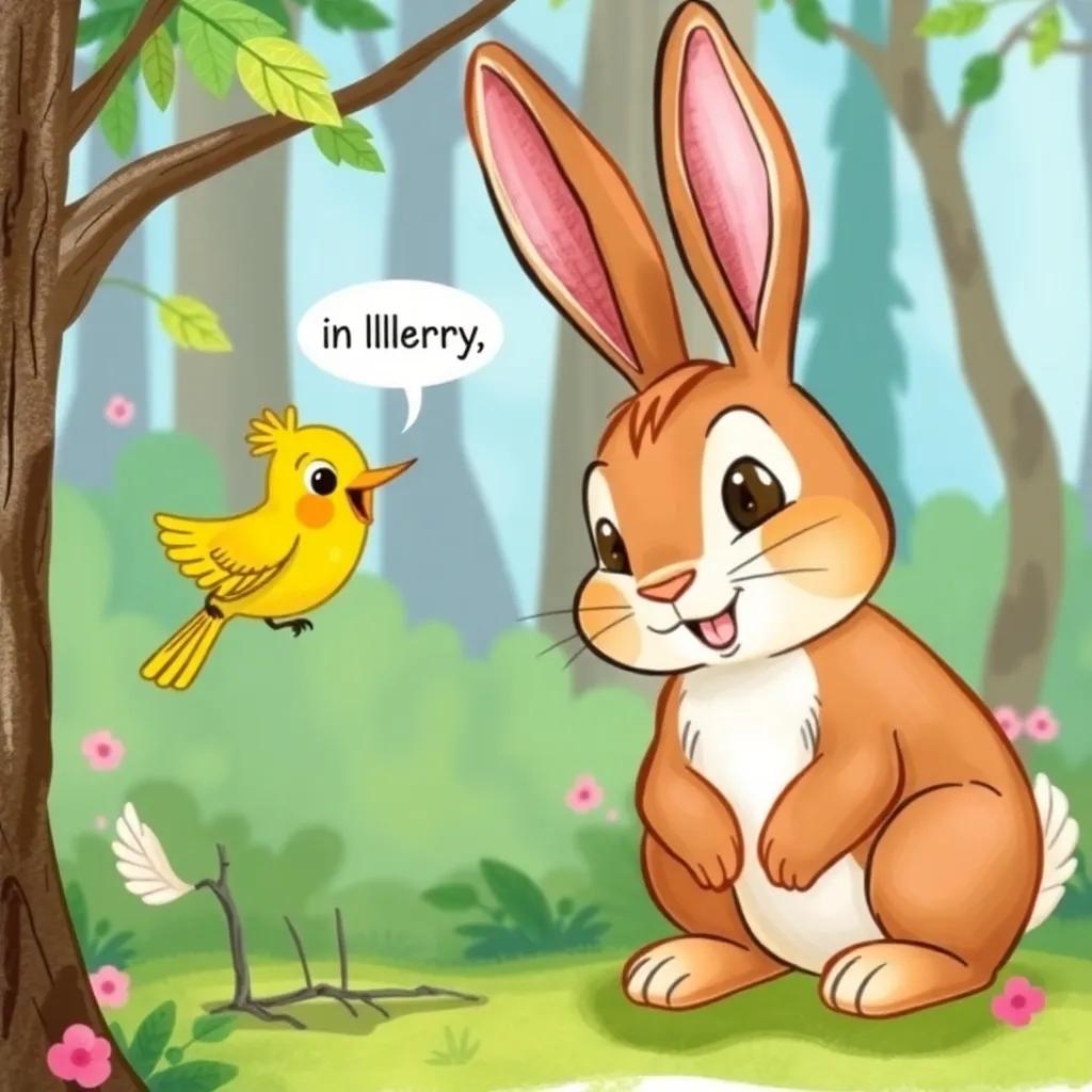 The brown rabbit smiling and asking the yellow bird to play, with birds' playful and friendly expressions, in a lively forest setting, charming illustration, colorful