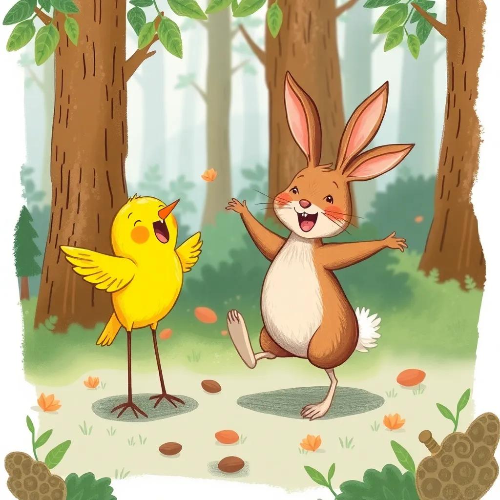The yellow bird happily singing while the brown rabbit dances around, both filled with joy and laughter, a whimsical and fun atmosphere in the forest, imaginative artwork