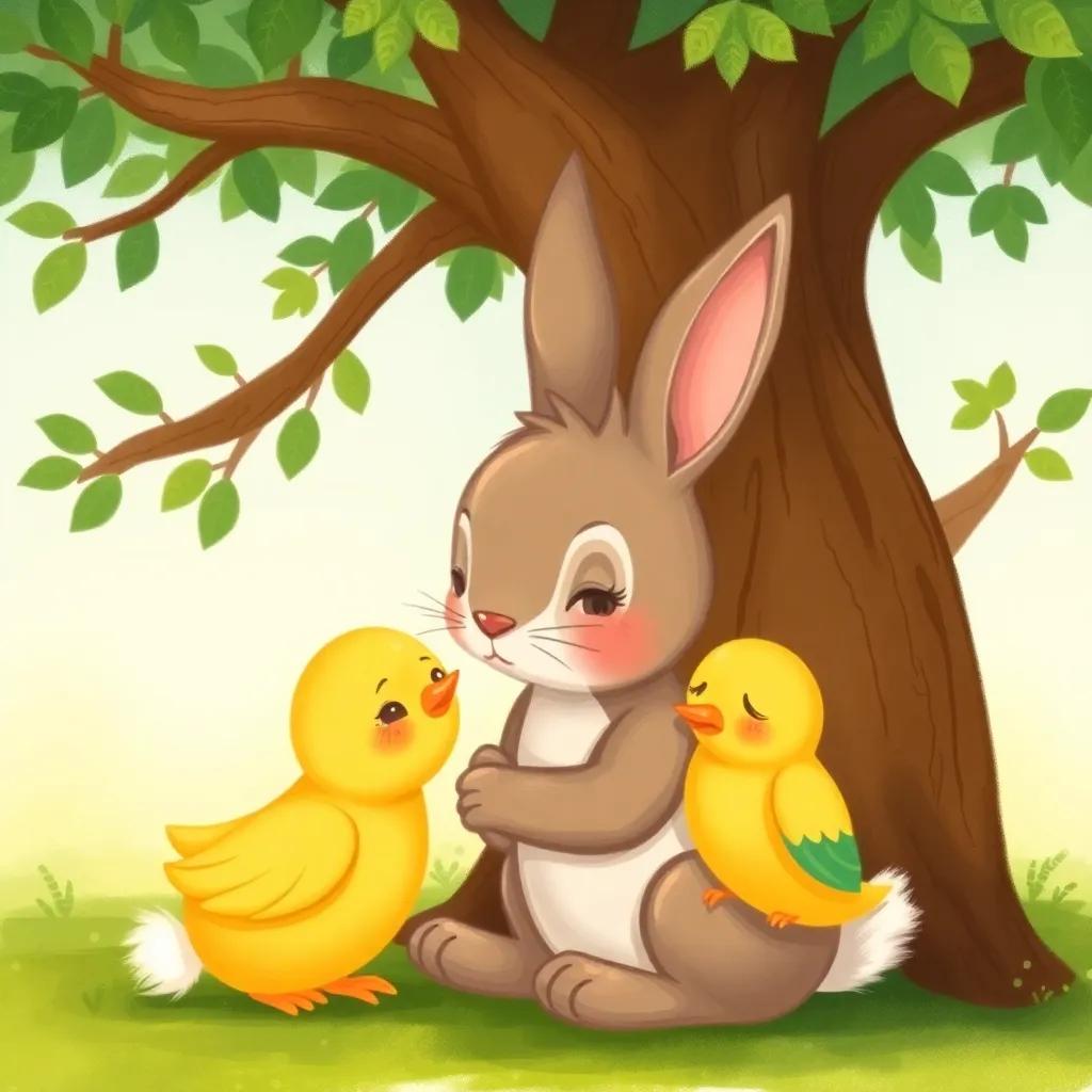 A brown rabbit comforting a crying yellow bird, with gentle expressions in their eyes, under the shelter of a large tree, conveying friendship, heartwarming illustration
