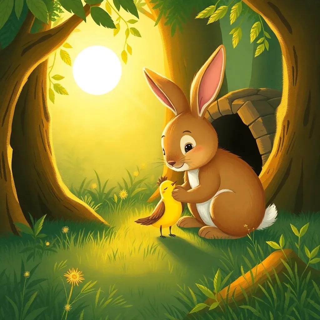 A scene of the brown rabbit helping the yellow bird find a safe place to sleep, with golden sunlight casting warm light in a cozy forest spot, caring ambiance