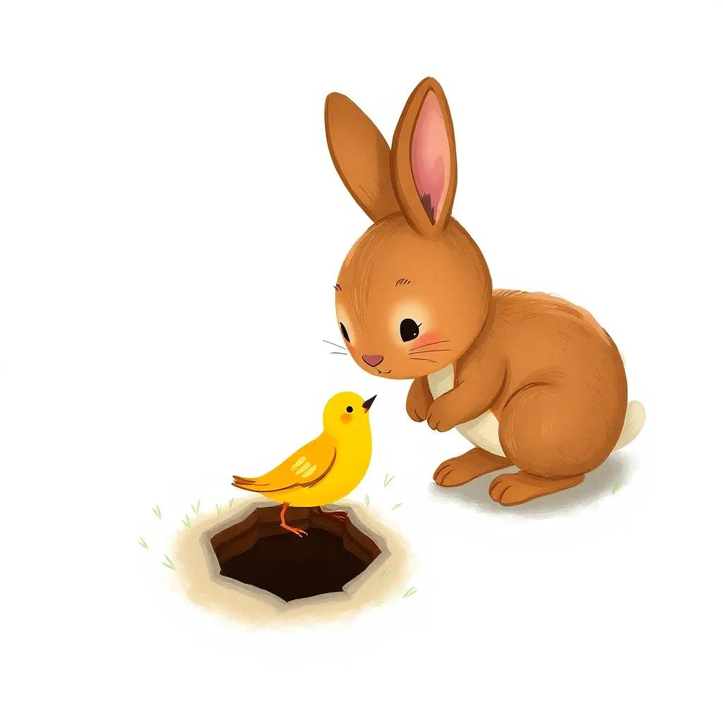 The brown rabbit leading the yellow bird to a small hole in the ground, showing a safe sleeping area, close-up view of their affectionate bond, sweet illustration