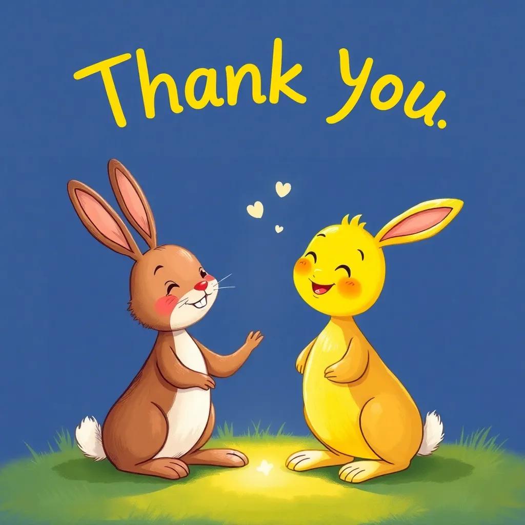 The yellow bird thanking the brown rabbit, with smiles and happiness shared between them, bright colors and soft light illuminating their friendship, joyful atmosphere
