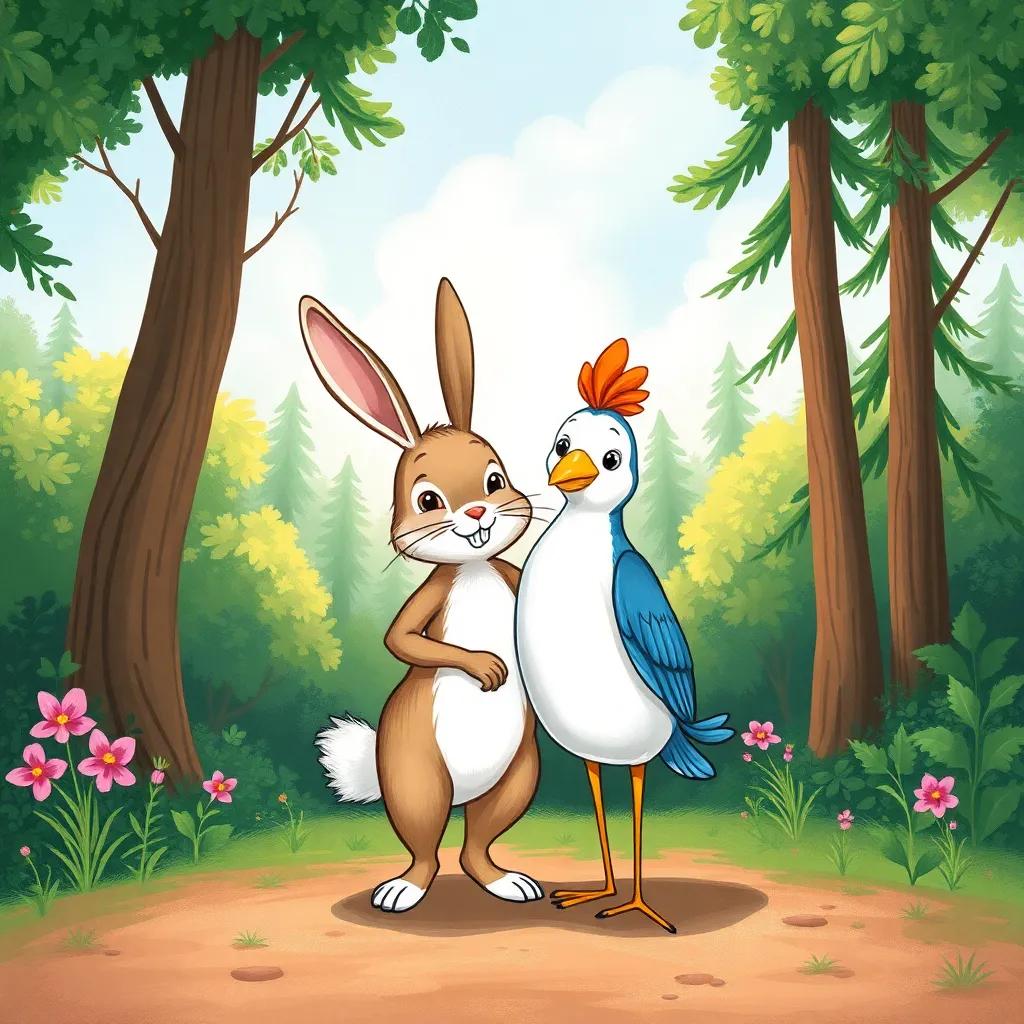 The rabbit and the bird standing together confidently, sharing a moment of friendship surrounded by a beautiful forest backdrop, symbolizing unity and support, uplifting scenery