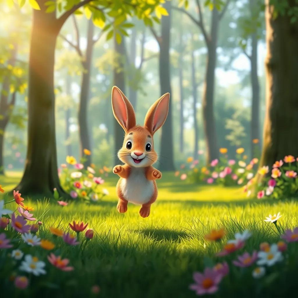 A small brown rabbit, hopping happily in a bright green forest, surrounded by colorful flowers and tall trees, digital art, cheerful atmosphere, warm sunlight filtering through leaves, high quality