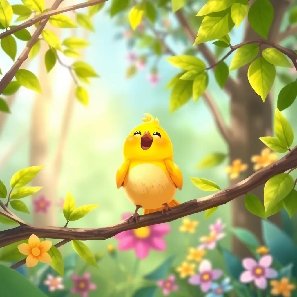 A small yellow bird perched on a branch, singing joyfully in a vibrant forest, with green leaves and colorful flowers, illustration, bright colors, joyful scene, child-friendly
