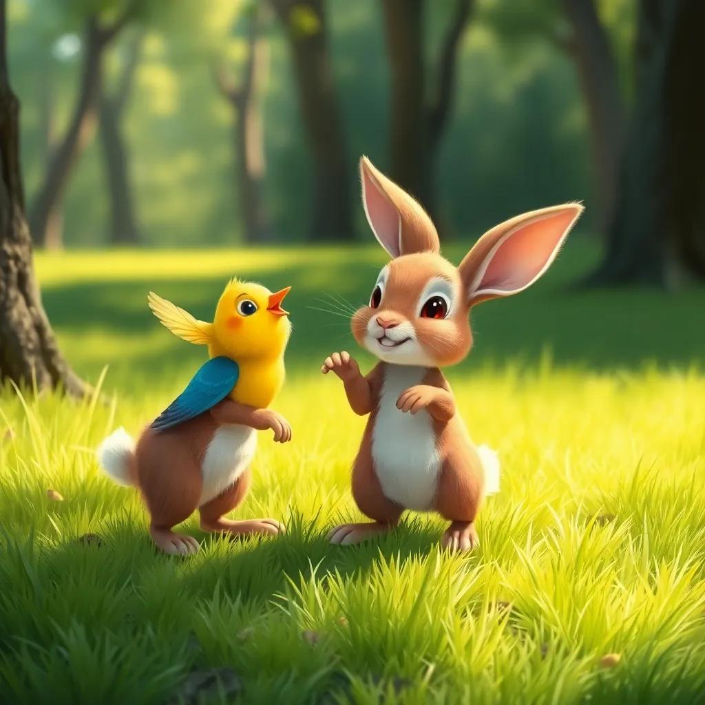 A small brown rabbit and a small yellow bird playing together, the rabbit dancing while the bird sings, bright green grass beneath them, surrounded by trees, digital painting, lively, playful mood, high quality