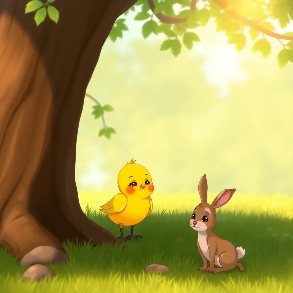 A small yellow bird crying under a big tree, with tears in its eyes, a small brown rabbit looking concerned nearby, soft sunlight lighting the scene, illustration, emotional warmth, child-friendly