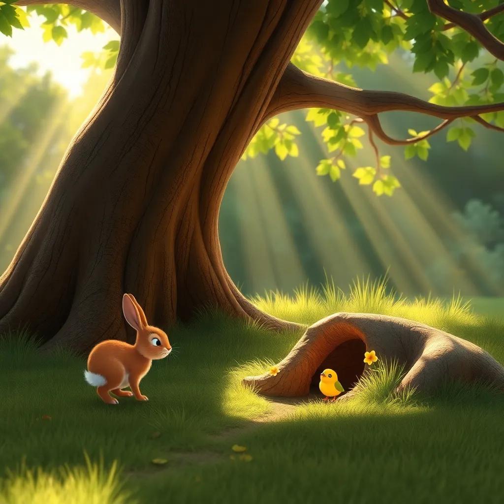 A small brown rabbit leading a small yellow bird to a cozy hole in the ground under a big tree, rays of sunlight shining down, gentle atmosphere, digital art, heartwarming scene, high quality