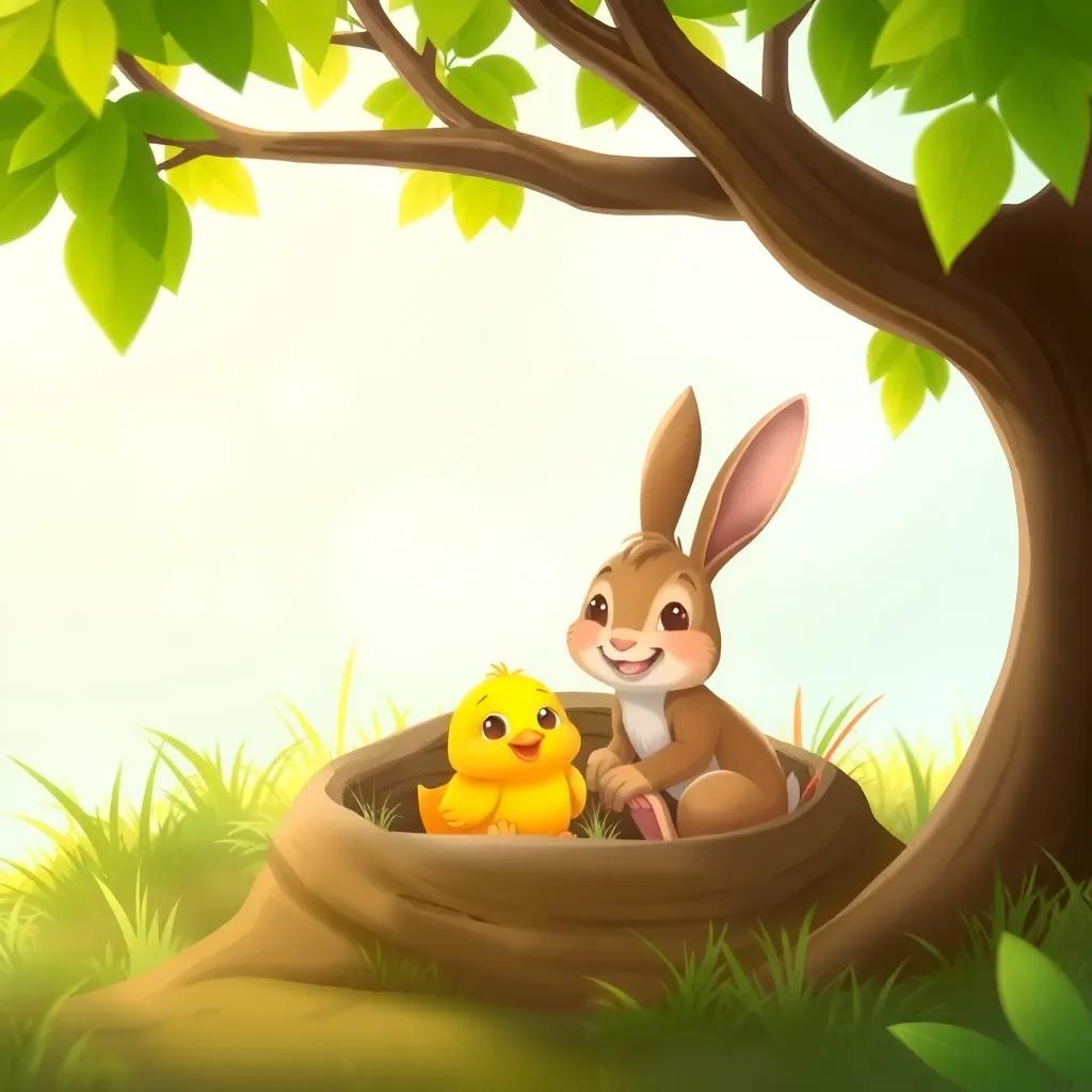 A small yellow bird nestled safely in a hole under the tree, with a small brown rabbit looking happy and caring, surrounded by vibrant green, cheerful colors, illustration, joyful, supportive moment