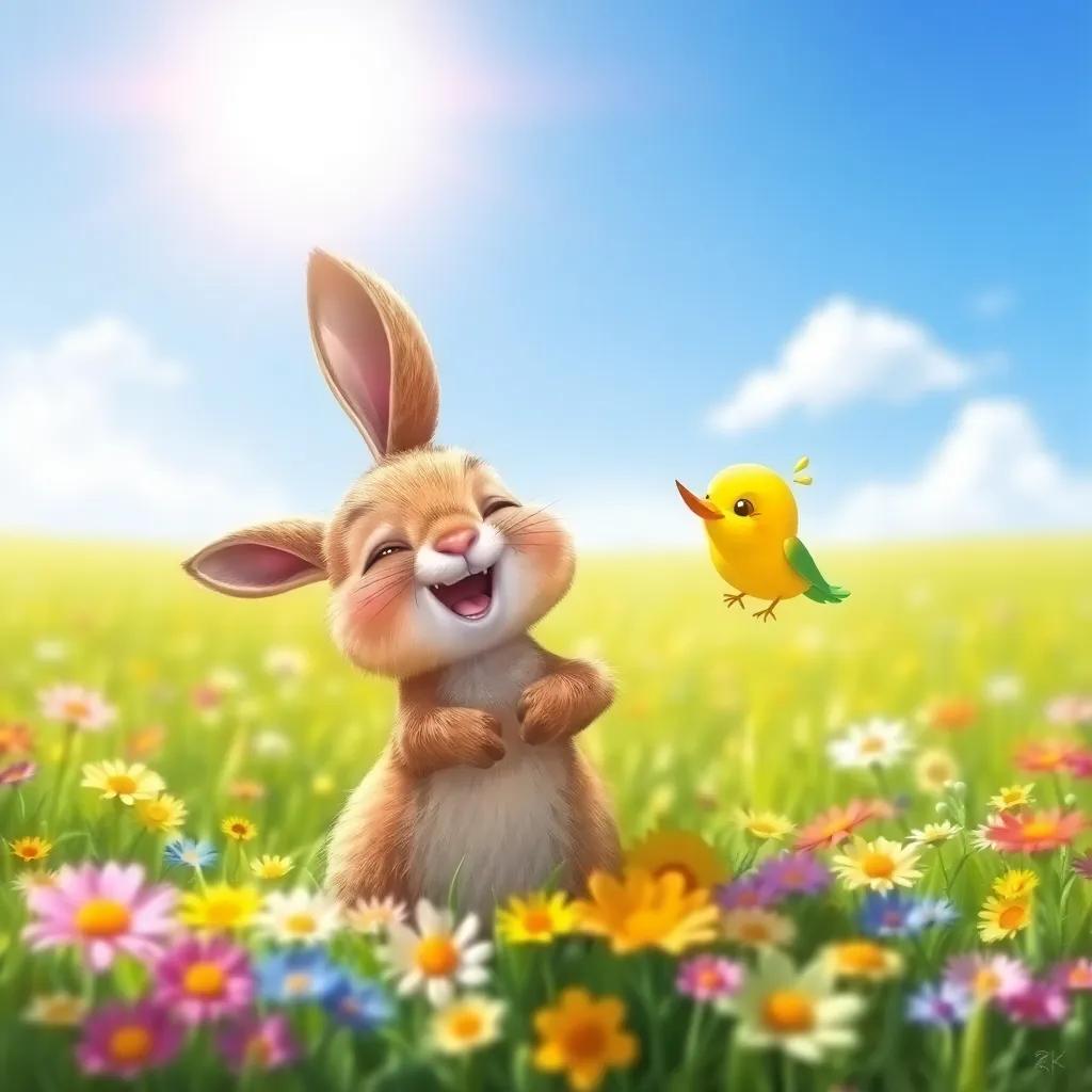 A small brown rabbit and a small yellow bird laughing together in a bright field, colorful flowers around them, the sun shining brightly in the blue sky, digital painting, lively and cheerful, high quality
