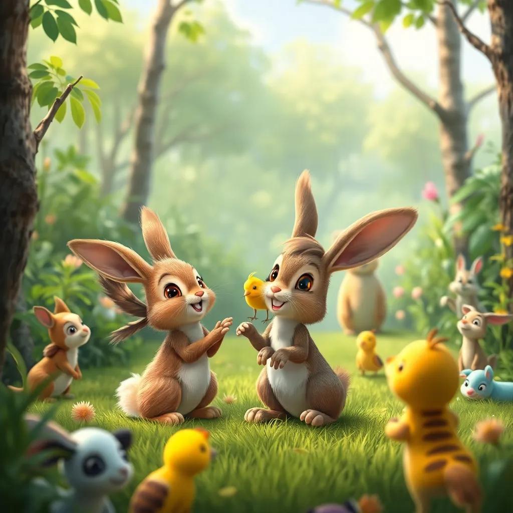 A small brown rabbit and a small yellow bird playing in the green forest, surrounded by other animals watching happily, digital art, vibrant and joyful, educational theme, high quality