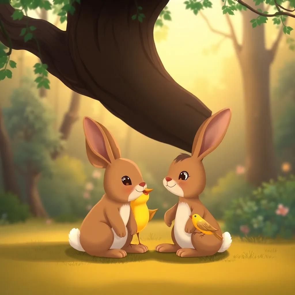 A small brown rabbit and a small yellow bird sharing a moment of friendship, sitting under a big tree, with a serene forest backdrop, warm colors, peaceful atmosphere, illustration, child-friendly