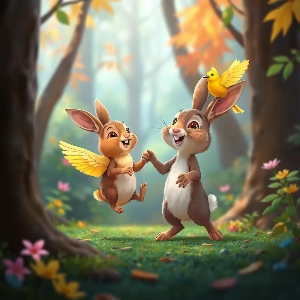 A small brown rabbit and a small yellow bird dancing and singing together in the forest, vibrant and colorful surroundings, joyful expression on their faces, digital art, high quality, heartwarming scene