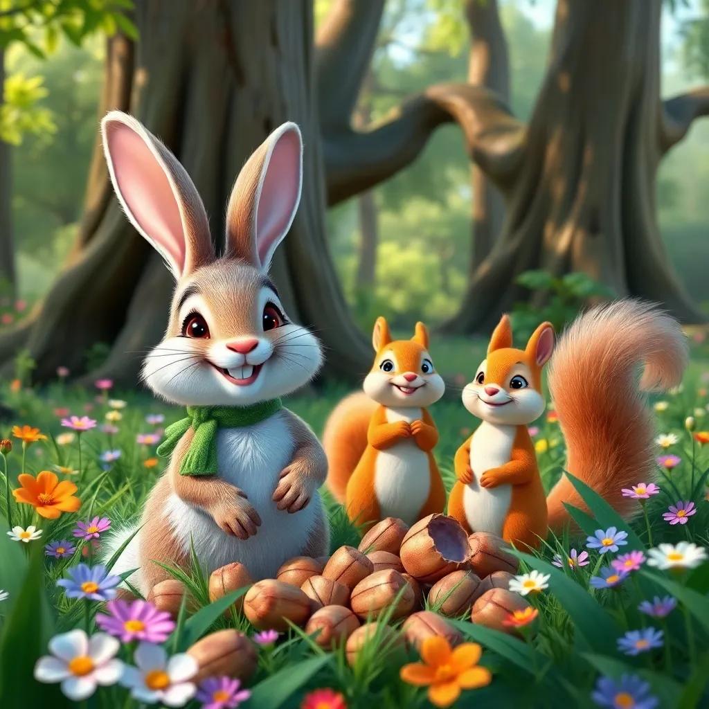A happy rabbit named Rudy, with fluffy fur, wearing a small green scarf, happily gathering nuts with two friendly squirrels, Sarah and Sammy. They are in a lush, green forest surrounded by colorful flowers and big trees. Cheerful atmosphere, digital art, bright colors, engaging scene, high quality