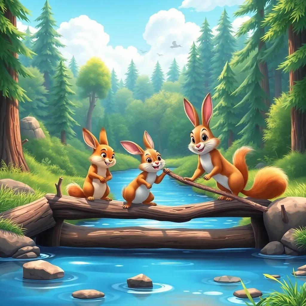 A big river in the forest where Rudy the rabbit and his squirrel friends Sarah and Sammy are building a bridge from sticks. The scene shows teamwork and cooperation among the animals, with a sunny sky and vibrant surroundings, illustrating their friendship, child-friendly, colorful, joyous moment, high quality
