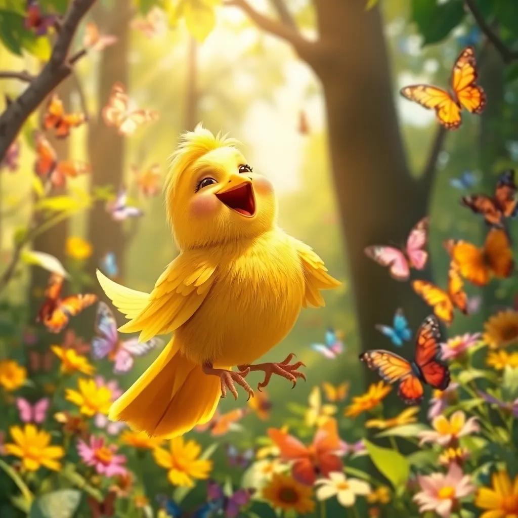A beautiful golden bird, singing joyfully in a vibrant forest surrounded by colorful butterflies, sunny day, digital art, cheerful atmosphere, high quality