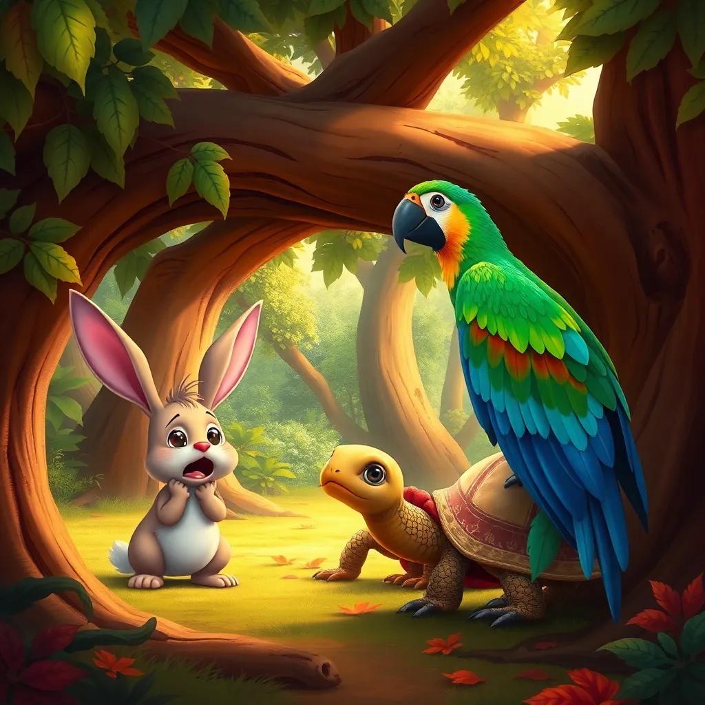 A vibrant forest scene with a frightened little rabbit, a turtle looking worried, and a colorful parrot discussing their problems under a big tree, warm colors, detailed