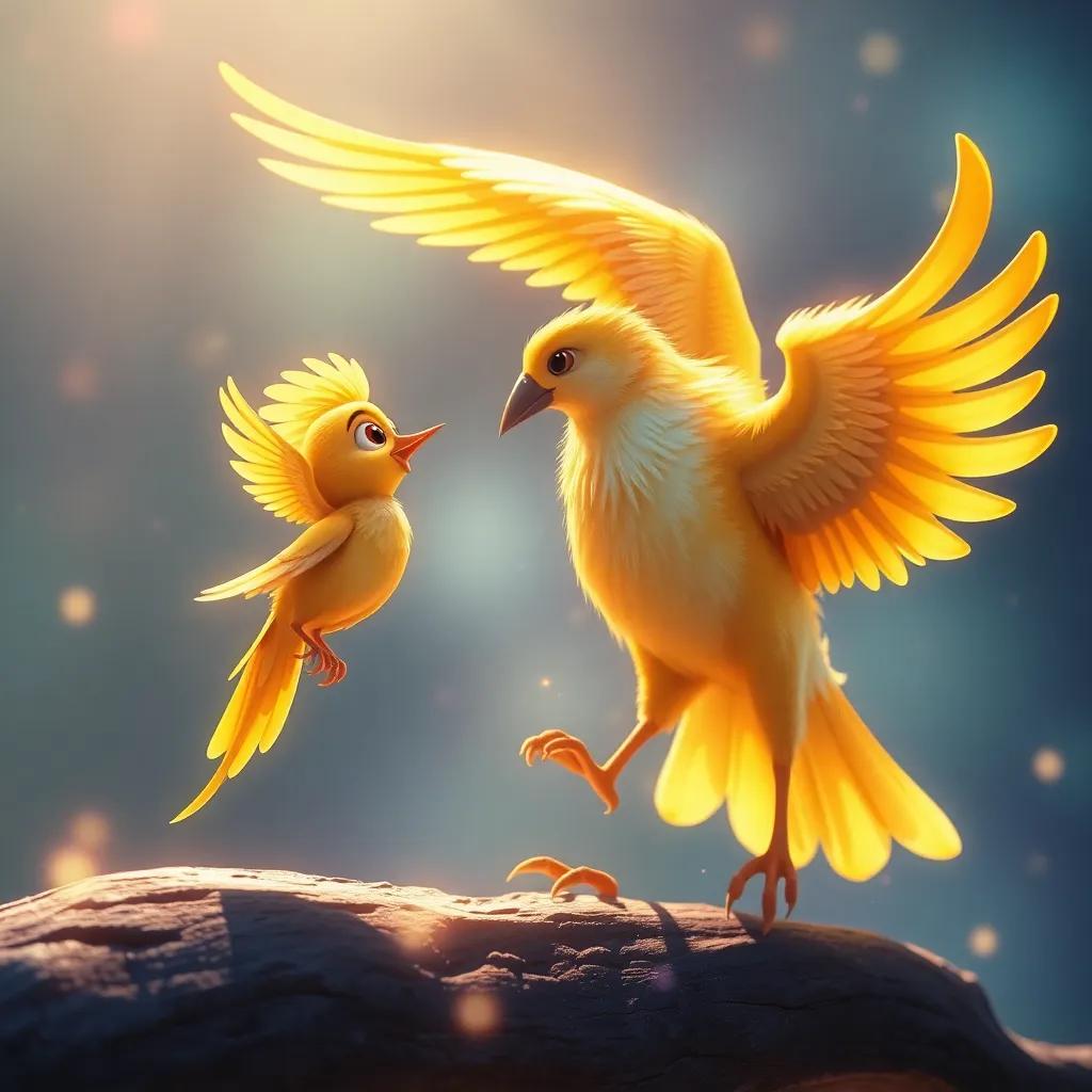 The golden bird flying towards a strong bird, trying to talk to him with a magic glow around him, bright colors, high energy scene, charm
