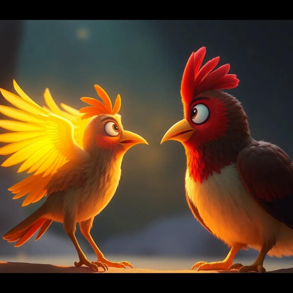 The strong bird surprised, looking at the golden bird glowing with magical light, a sense of wonder and friendship forming, soft light, captivating