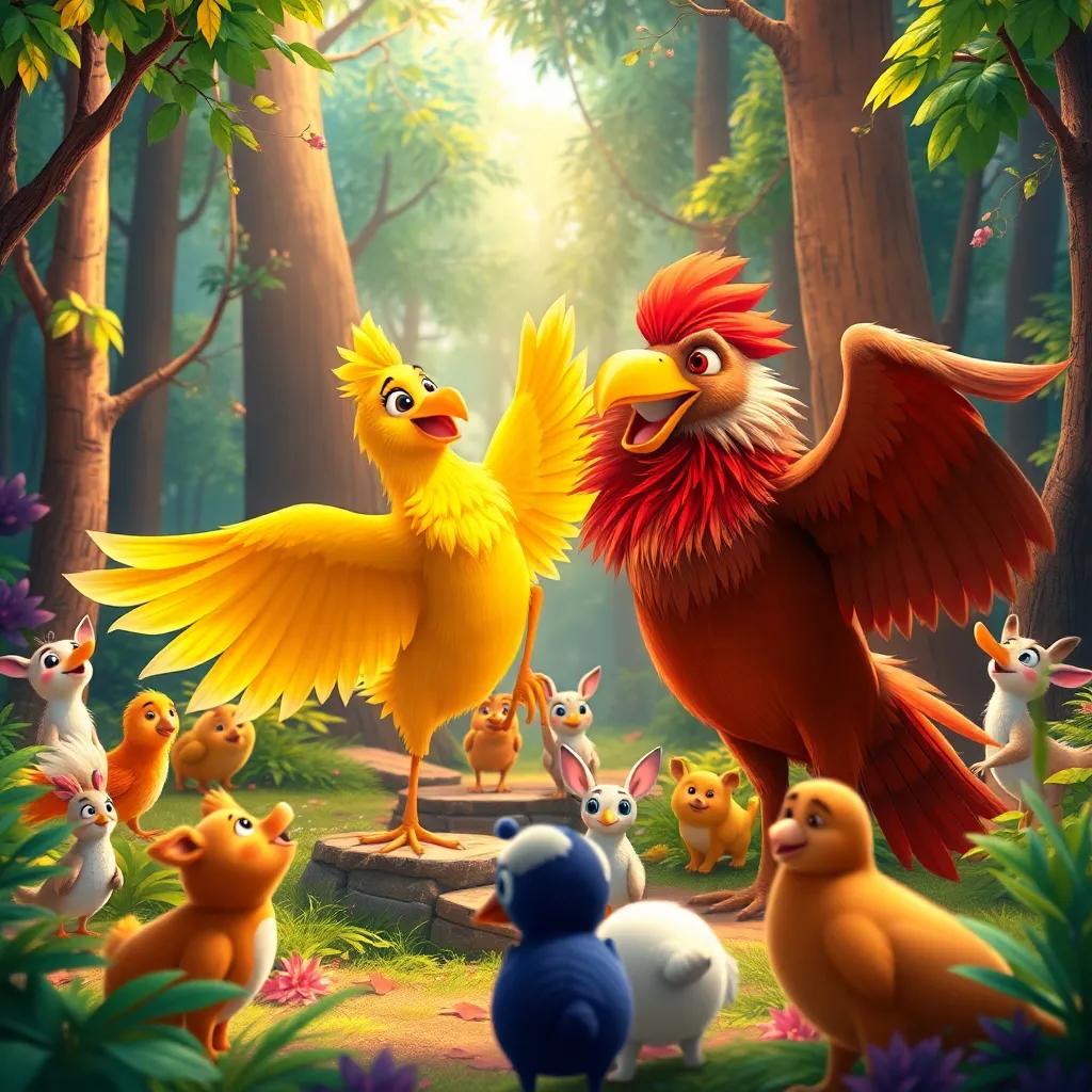 A joyful scene of the golden bird and the strong bird shaking wings together in a colorful forest, animals around them celebrating their new friendship, bright and happy setting.