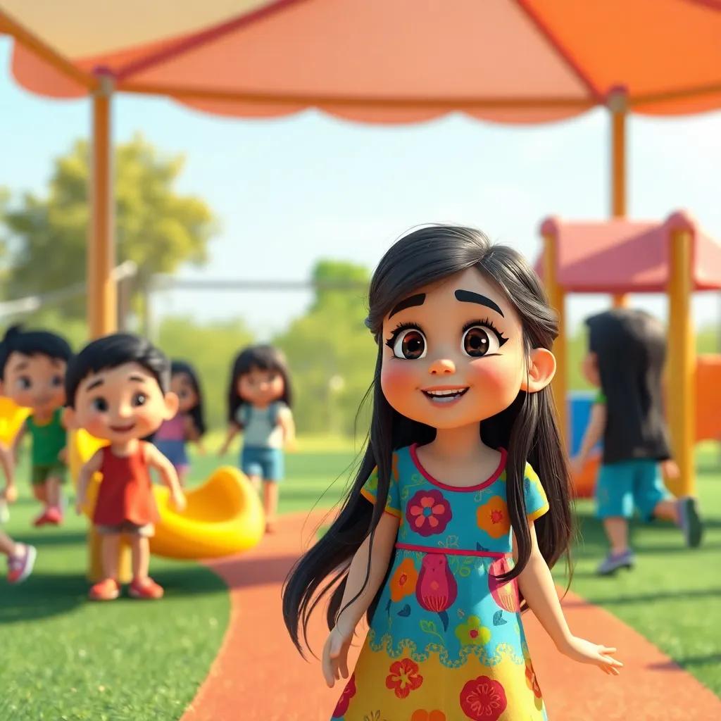 A playground with children playing happily, a young Arab girl named Sarah, with long dark hair and wearing a colorful dress, looking excited, digital art, bright colors, cheerful atmosphere, high quality