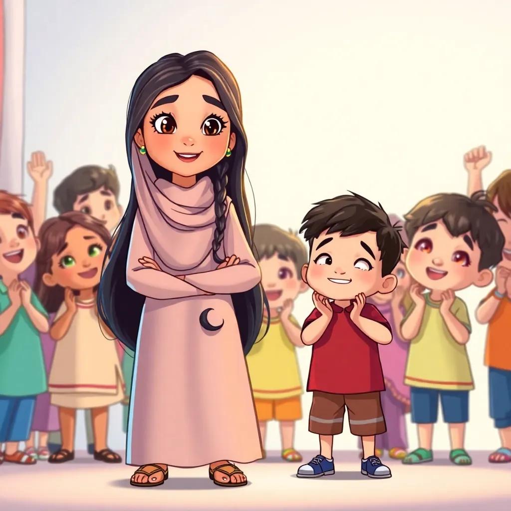 An Arab girl with long dark hair named Leila, wearing a matching dress, standing firm and brave in front of a boy named Ali, who has a mischievous grin, surrounded by other children clapping and cheering, illustration, colorful, uplifting, child-friendly