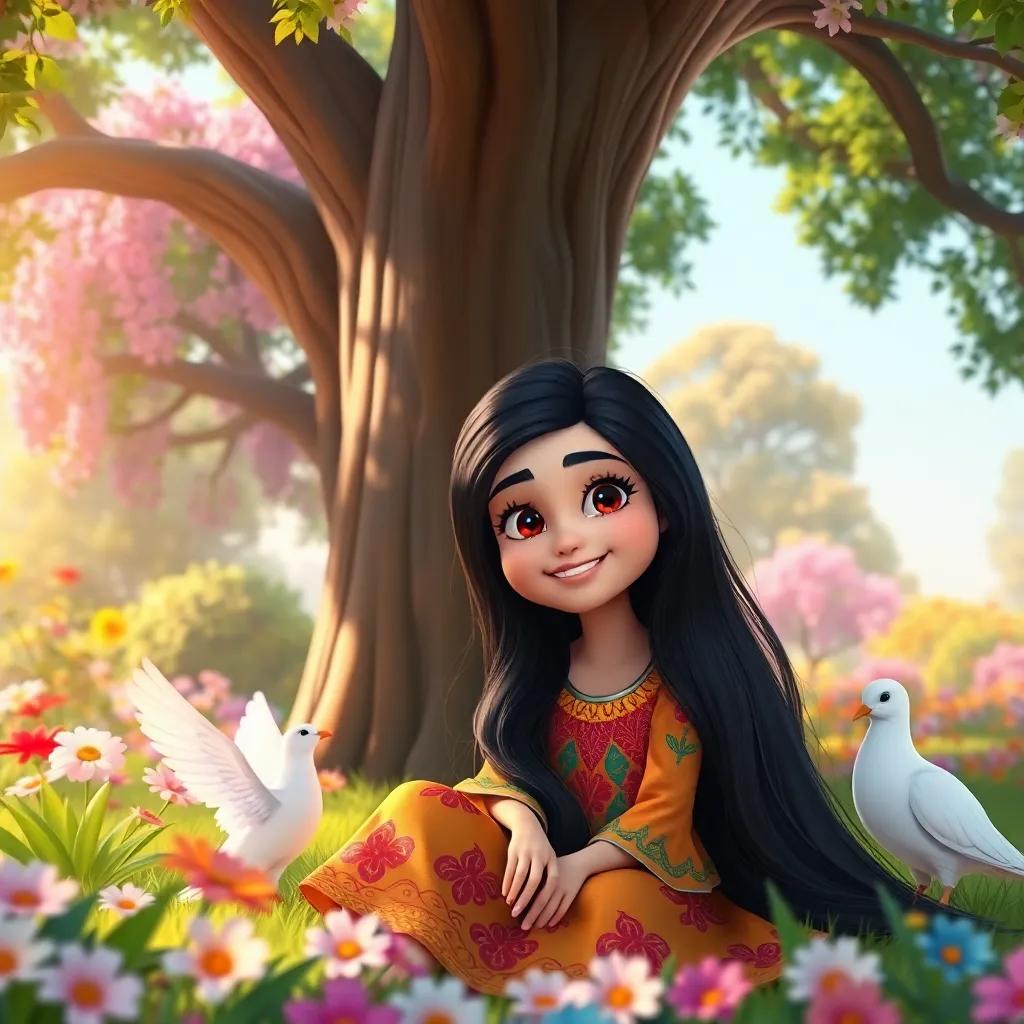 A young Arab girl, Zahra, with long, black hair, wearing a colorful dress, sitting under a large tree in a beautiful garden, with a white dove beside her, cheerful atmosphere, vibrant flowers, digital art, bright and inviting colors, high quality