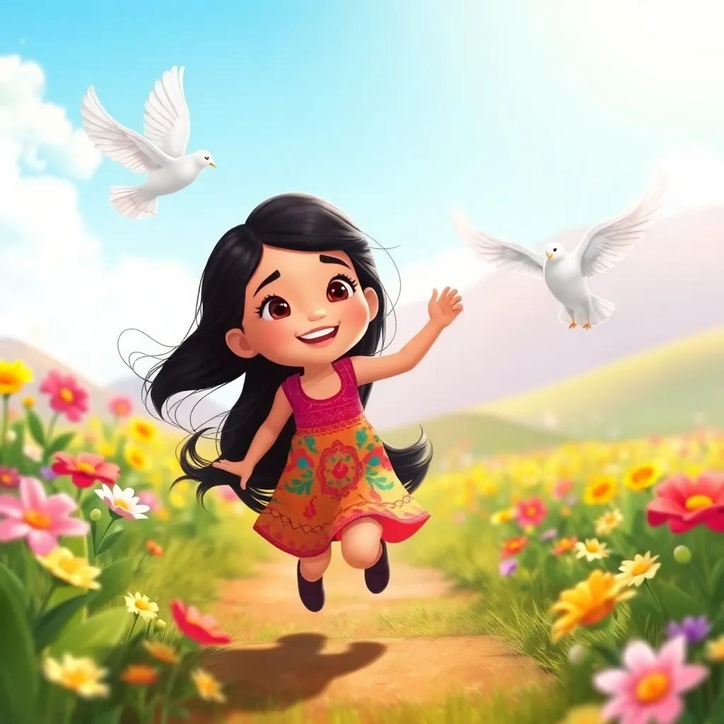 A young Arab girl, Zahra, with long, black hair, wearing a colorful dress, running joyfully in a garden full of flowers with a white dove flying beside her, warm sunlight, colorful landscape, cheerful and lively, illustration, high quality