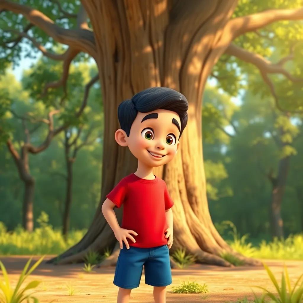 A young Arab boy, Sami, with short dark hair, wearing a red t-shirt and blue shorts, standing in front of a large tree in a sunny forest, talking to the tree, playful scene, digital art, bright colors, cheerful atmosphere, high quality