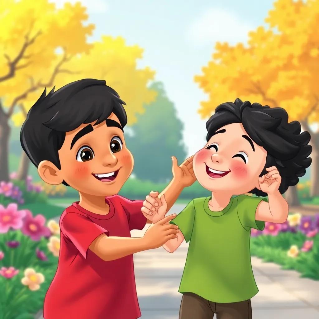 A young Arab boy, Sami, with short dark hair and a red t-shirt, playing with another boy named Hussein, who has curly dark hair and is wearing a green shirt, in a colorful park with flowers and trees, joyful and friendly, illustration, vibrant, high quality