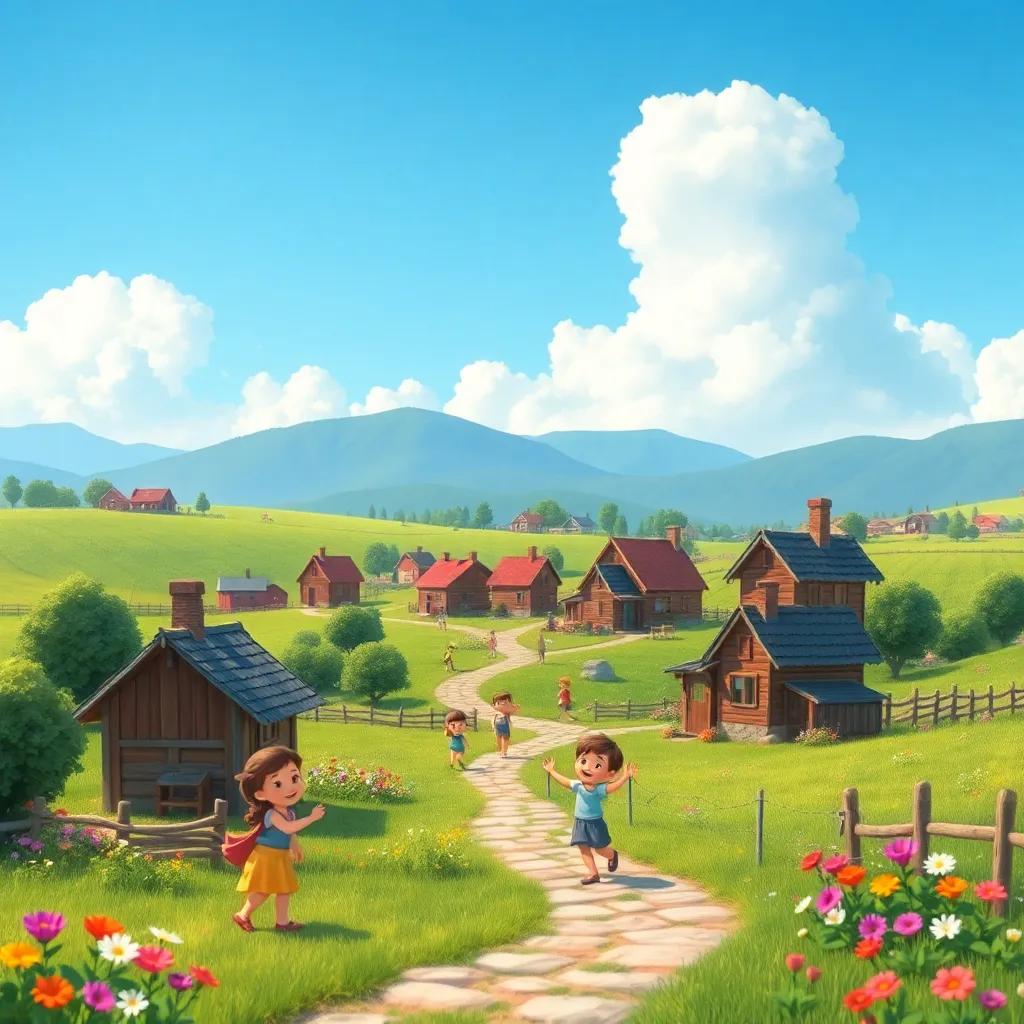 A picturesque small village with happy children playing, surrounded by green fields and colorful flowers, under a bright blue sky, cheerful, vibrant colors, inviting atmosphere