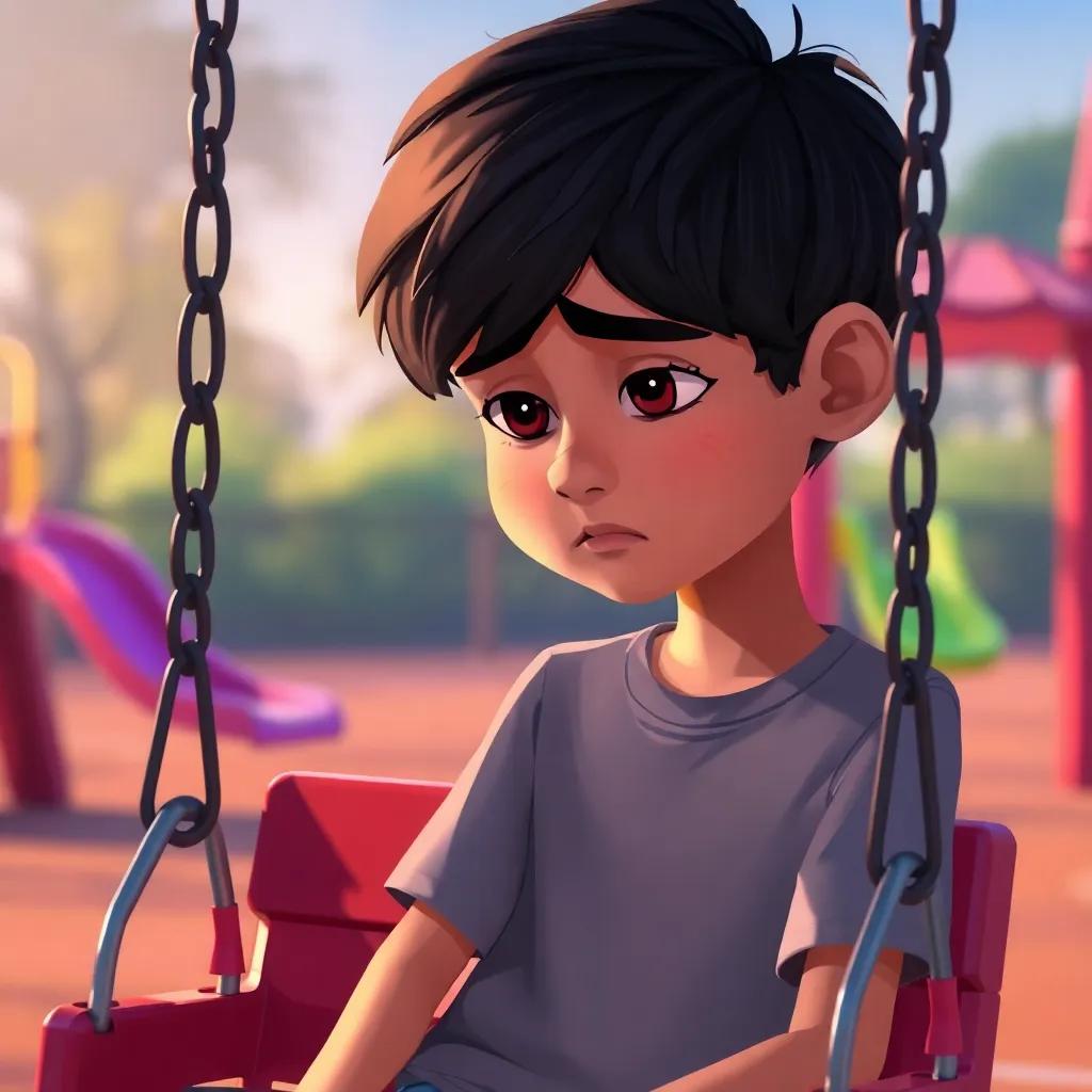 A sad boy named Ali, with dark hair and wearing a simple shirt, sitting on a swing in the playground, looking down with a frown, surrounded by bright colors but feeling alone, digital art, emotional, relatable scene