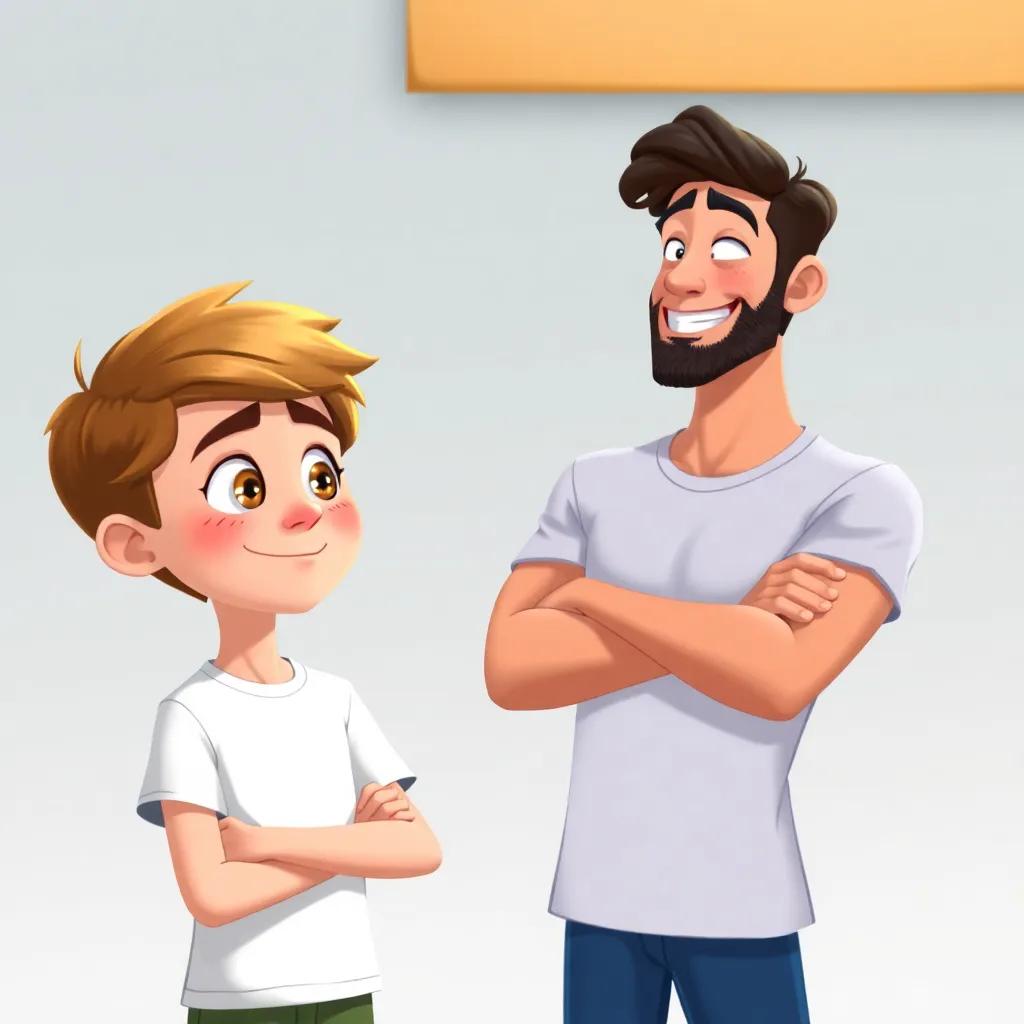 A boy named Samer, with light brown hair and a t-shirt, standing with crossed arms, smirking while looking at Ali, creating a contrast of emotions, playful yet hurtful, cartoon style, lively colors