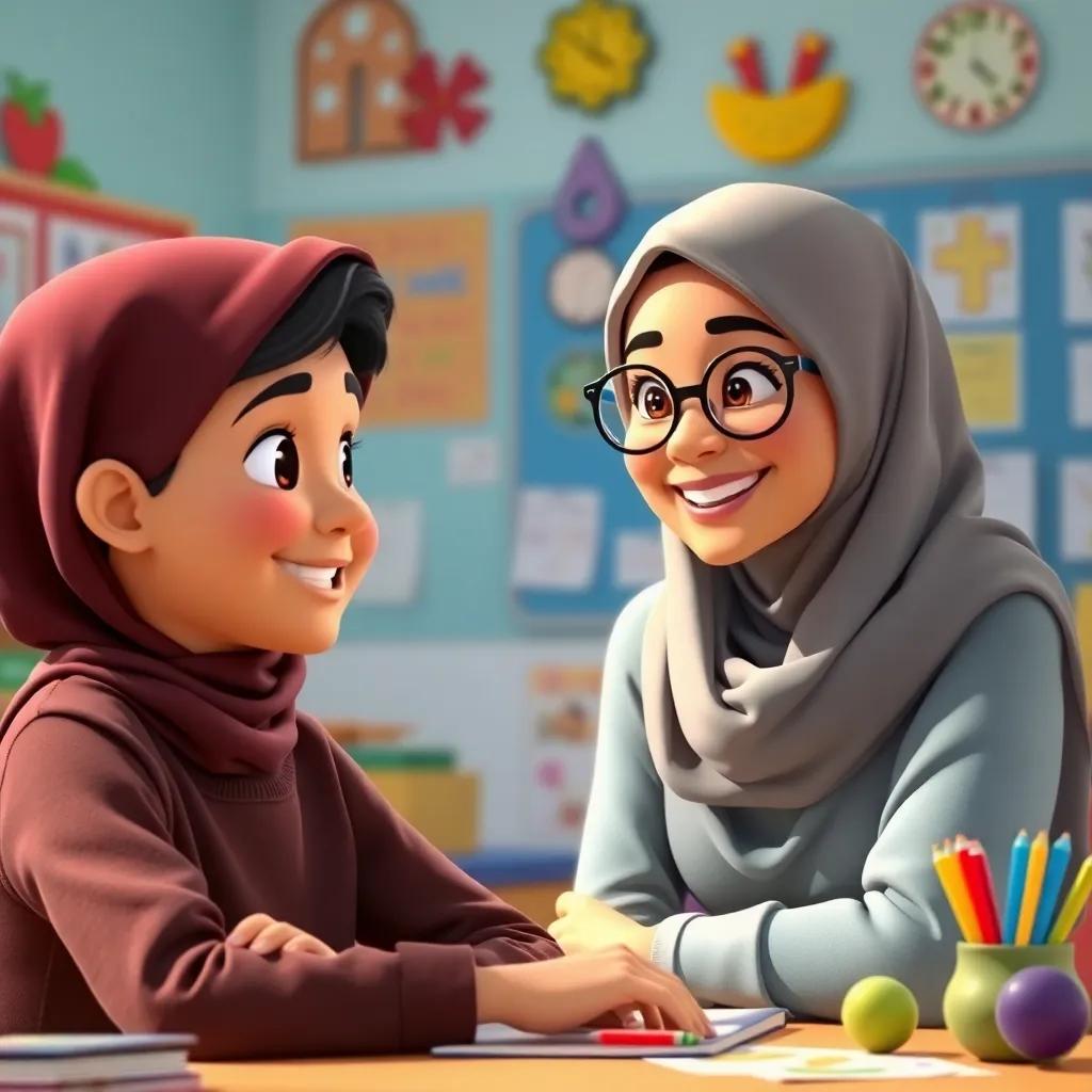 A caring teacher, Mrs. Fatima, a middle-aged woman with a warm smile, wearing a hijab and glasses, listening attentively to Ali in a colorful classroom filled with learning materials, nurturing atmosphere, vibrant colors