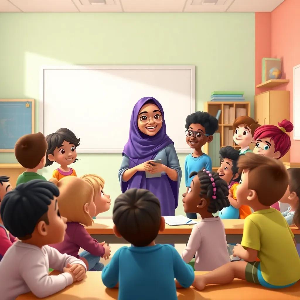 A cheerful classroom setting where Mrs. Fatima gathers children, explaining respect and kindness, all the kids looking engaged and interested, diverse ethnicities, bright and colorful, inspiring ambiance