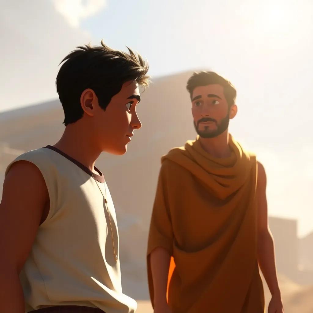 A remorseful Samer, walking towards Ali, with a look of sincerity on his face, sunlight shining on them, hoping for forgiveness, emotional depth, warm light