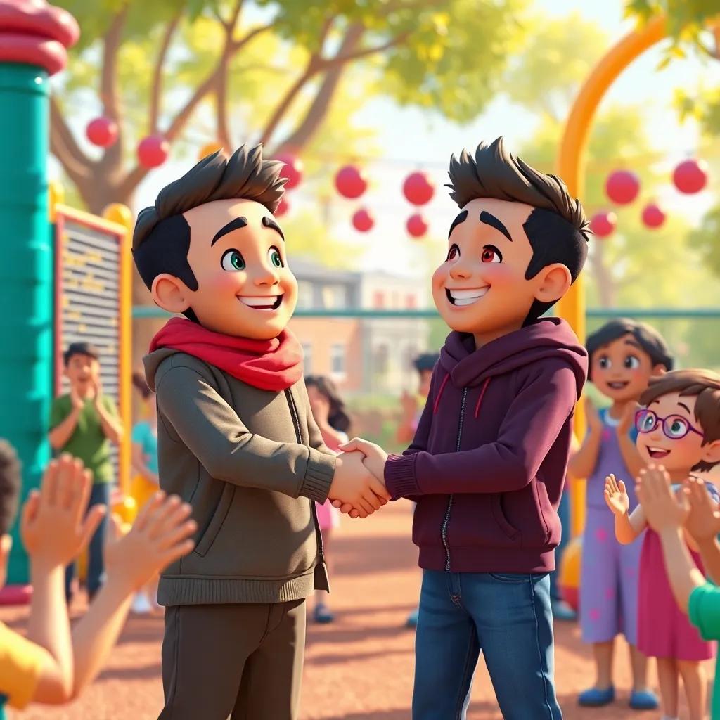 Ali and Samer shaking hands and smiling at each other in the playground, surrounded by friends who are clapping and cheering, celebrating the power of friendship, joyful scene, digital art, bright and uplifting