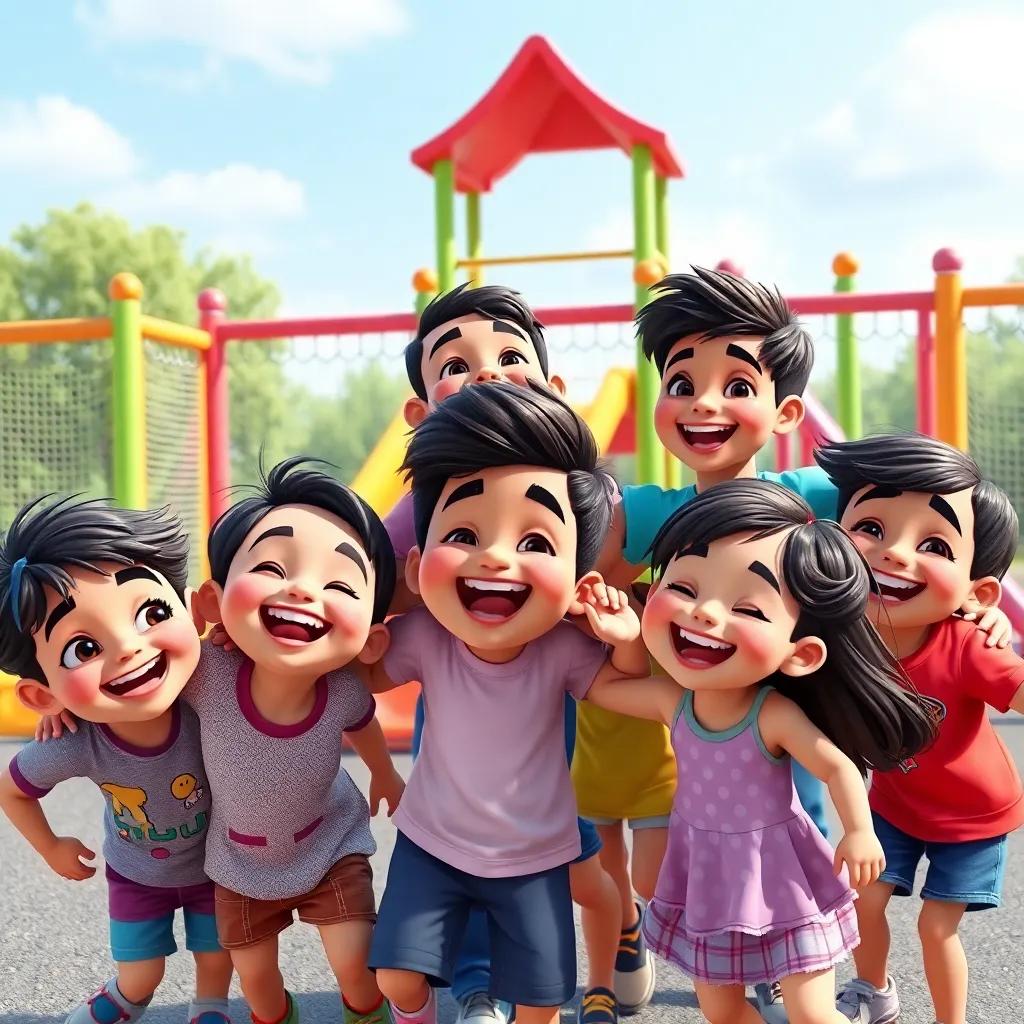 Children playing together in harmony in the playground, smiling and laughing, showing unity and happiness, with Ali and Samer leading the fun, colorful and vibrant, conveying joy