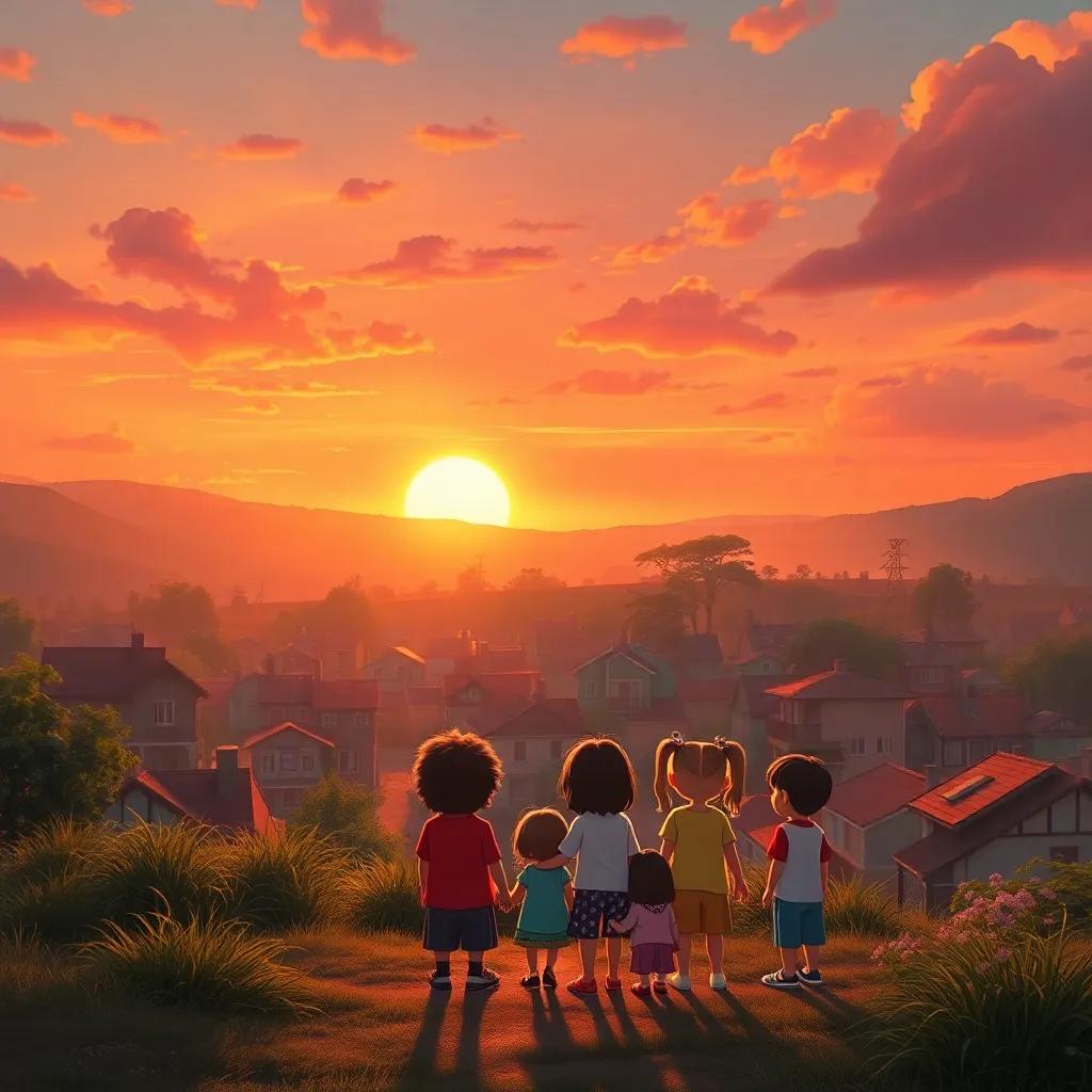 A peaceful sunset over the village, with children gathered together, symbolizing growth and friendship, warm hues painting the sky, encouraging feelings of togetherness