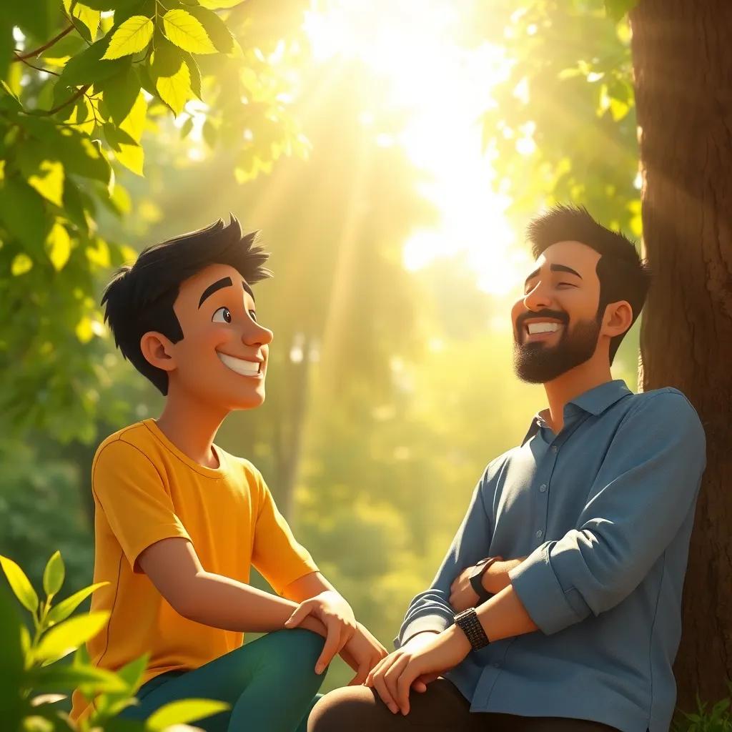 A scene depicting sunlight filtering through tree leaves, shining on Ali and Samer who are now best friends, laughing and enjoying their time together, serene and uplifting atmosphere