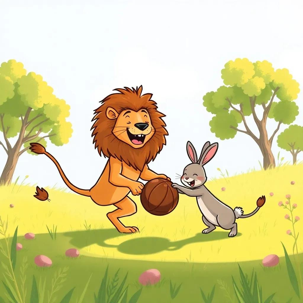 A strong lion, Lyth, playfully kicking a walnut with a little rabbit, Rami, in a sunny clearing, both laughing and enjoying their new game, illustration, fun, joyful setting, high quality