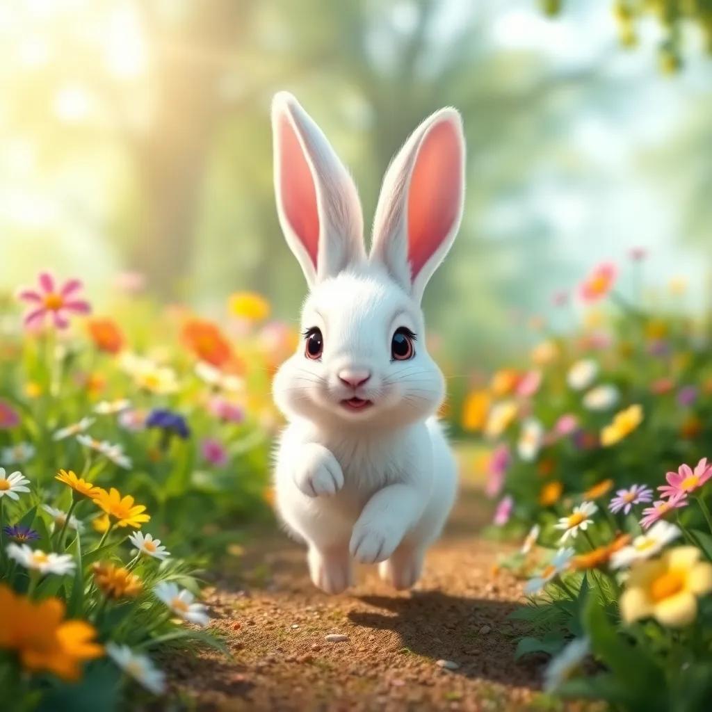 A small rabbit, a fluffy white bunny with big ears, happily hopping through a green forest with colorful flowers, bright sunlight, cheerful atmosphere, playful mood, digital art, vibrant colors, high quality