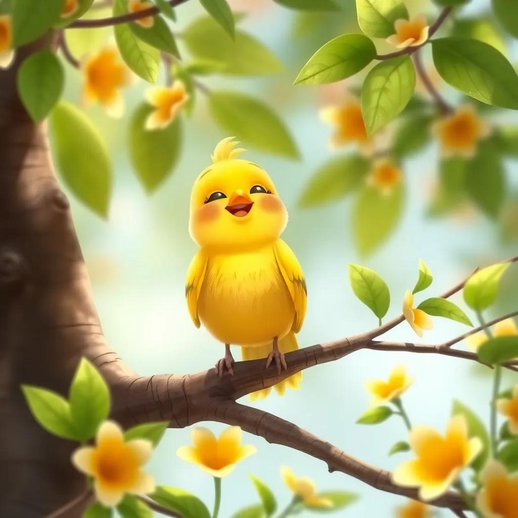 A little bird, a small yellow canary sitting on a tree branch, singing a lovely song with a smile, surrounded by green leaves and bright flowers, detailed illustration, joyful, uplifting, child-friendly