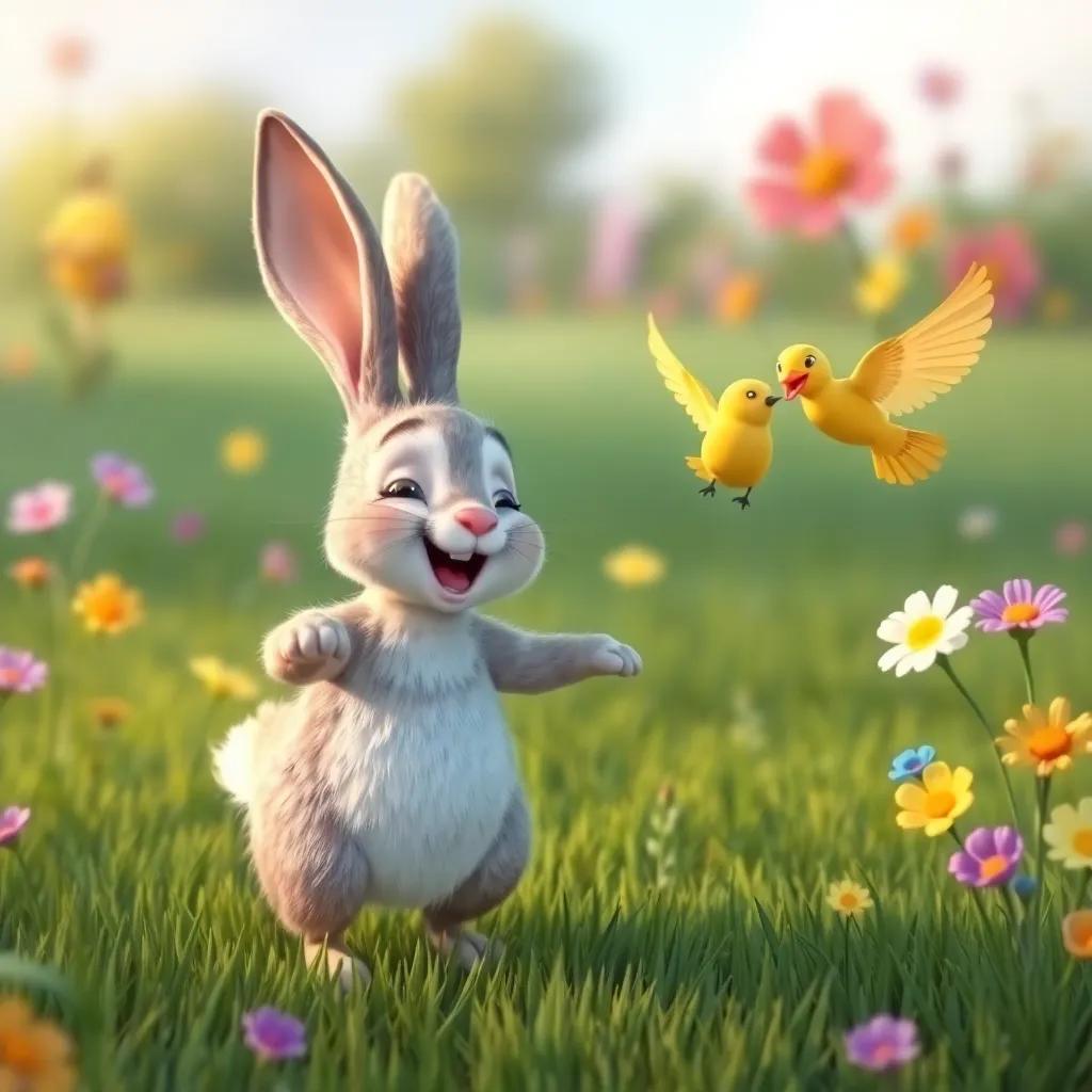 A happy moment with the rabbit dancing in a grassy area, with the little bird singing joyfully, colorful flowers swaying in the gentle breeze, playful scene, cheerful colors, lighthearted