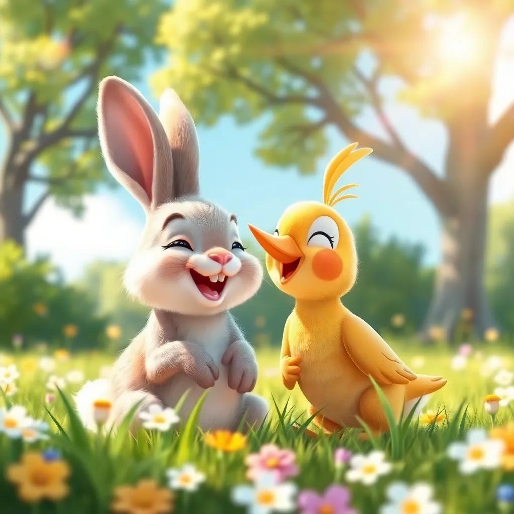 The little rabbit and the little bird laughing together in a sunny meadow, surrounded by trees, flowers, and sunshine, heartwarming atmosphere, vibrant, cheerful colors