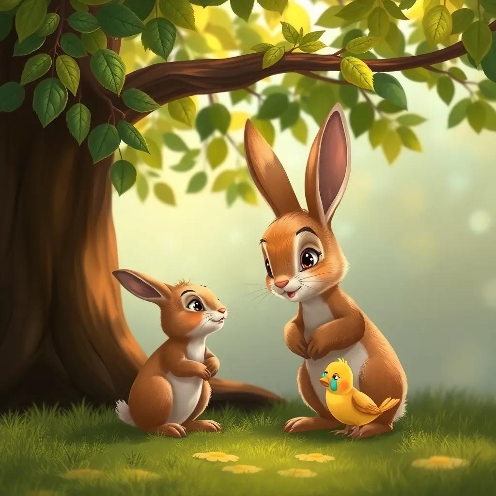 The small rabbit finding the little bird crying, with the rabbit looking concerned and the bird tearful, set under a large tree with green leaves, emotional yet caring scene, detailed illustration, warm colors
