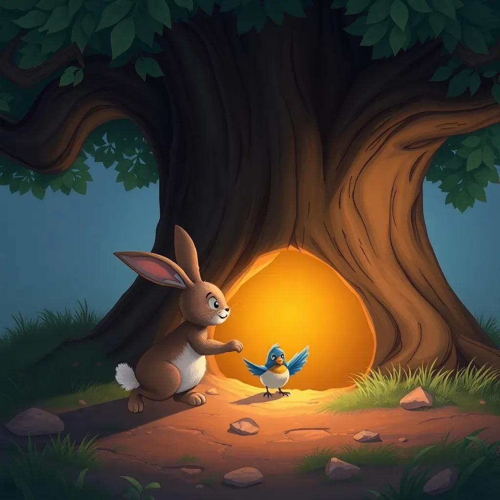 The rabbit leading the little bird to a cozy burrow under a big tree, with a safe, warm light glowing inside, friendly environment, detailed, inviting atmosphere, illustration