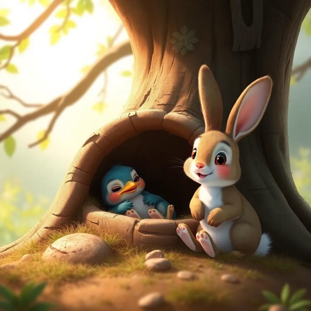 The little bird nestled in a small burrow, looking content and safe, with the rabbit sitting nearby, both smiling, gentle light filtering through the tree branches, peaceful scene, heartwarming