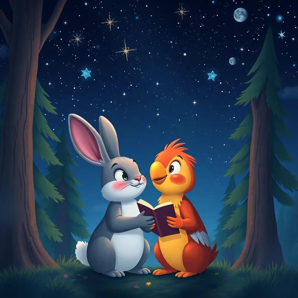 The rabbit and bird together under a starry night, sharing stories as they watch the stars, surrounded by tall trees and a calm atmosphere, enchanting night scene, colorful